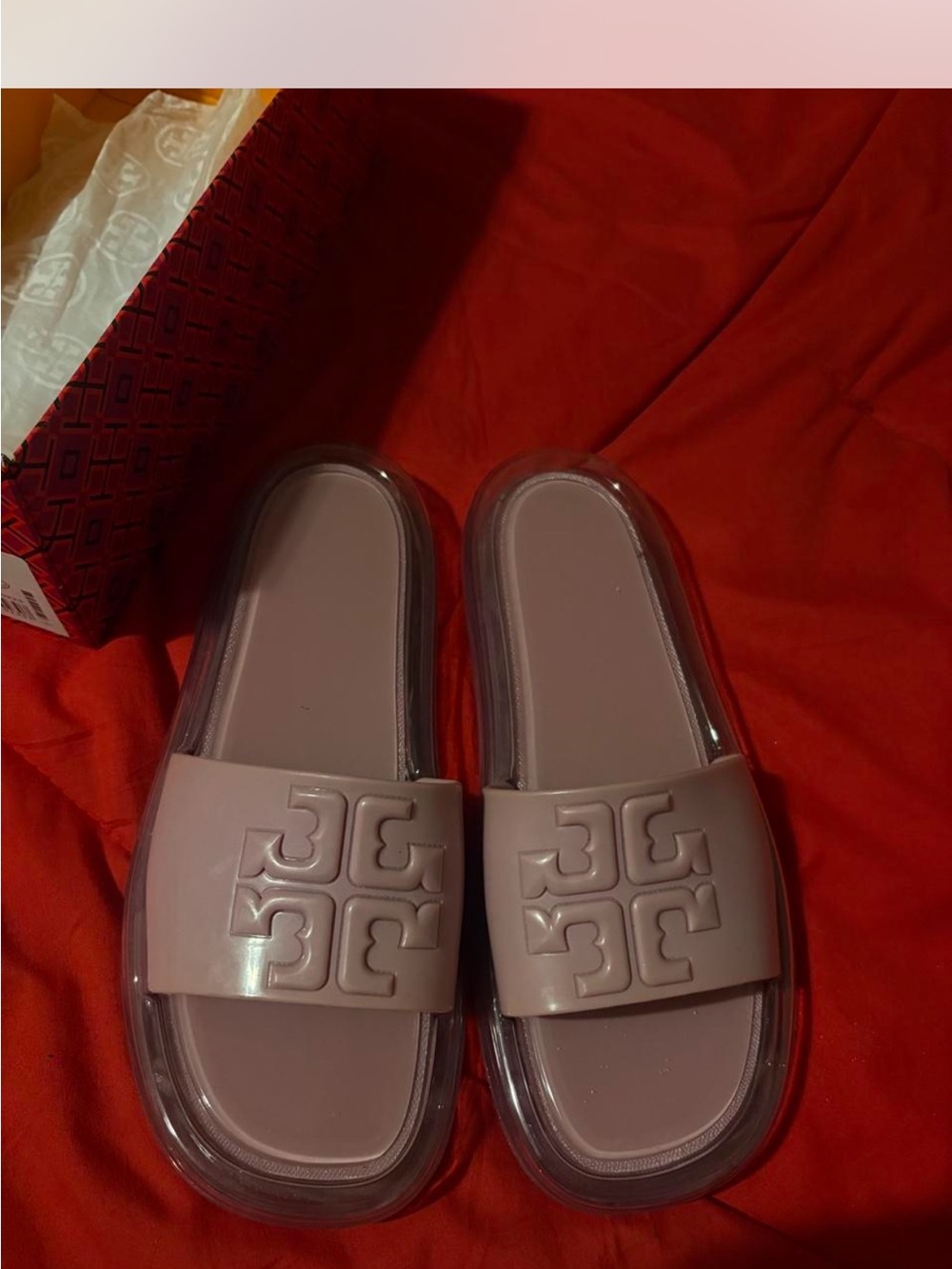 Tory Burch Dusty Pink Logo Jelly Slide Sandals